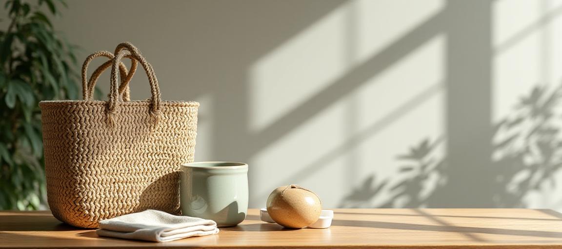 Artisanal home goods arranged on a wooden table